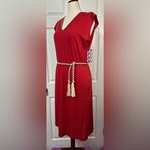 VTG pbj New Old Stock Rare jersey Knit Red Dress with Greek Style Braided Belt